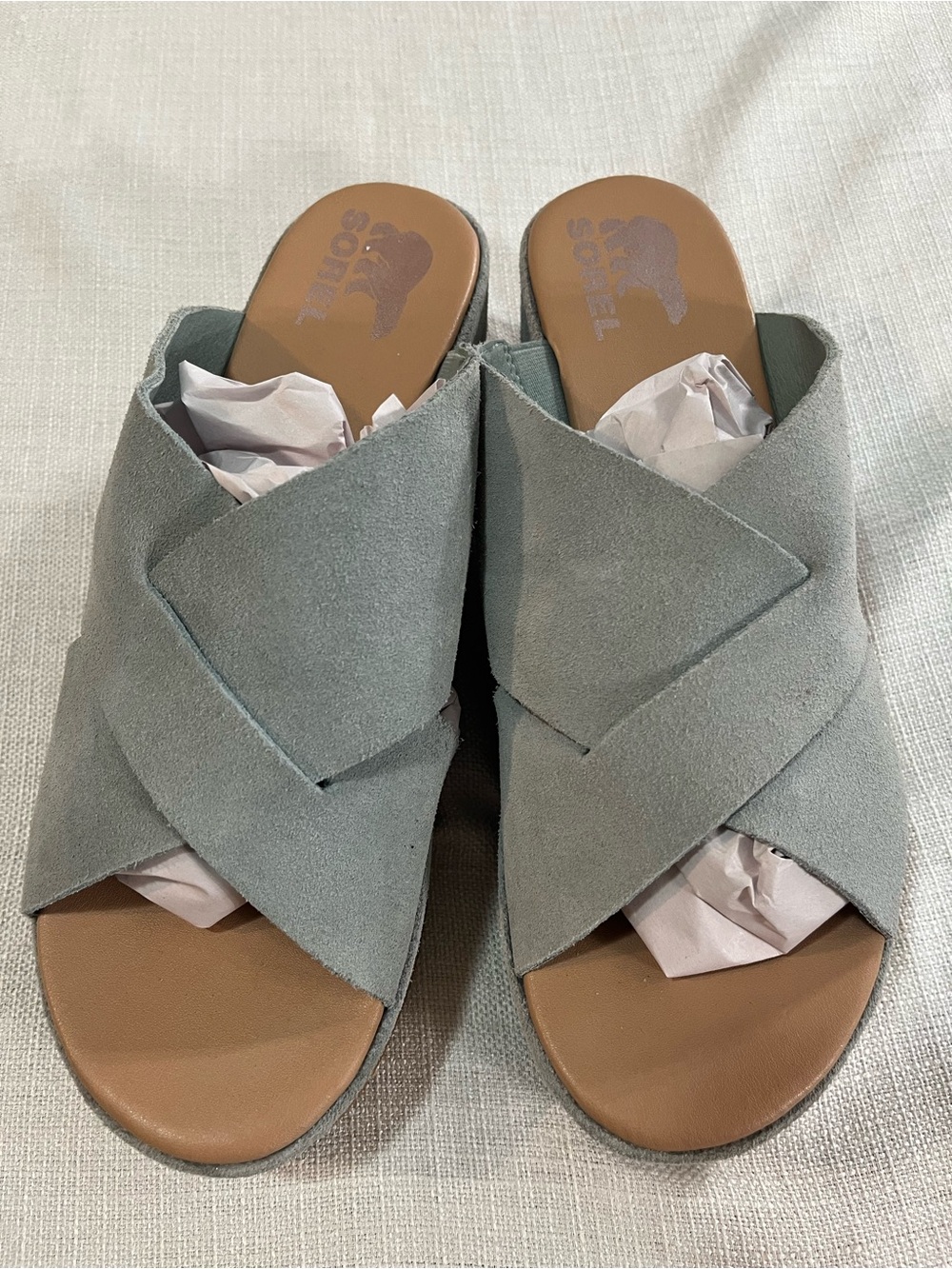 Sorel Cameron Women's Light Gray Suede Cork Wedge Slide Mules 9